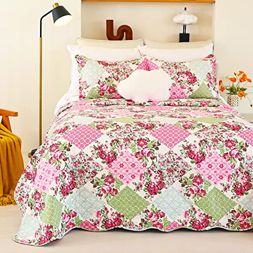 Cmfshape Summer Floral Queen Quilted Bedspread,Romantic Pink Quilt Set Bedding,Reversible Stitched Bedding Set All Season,Soft Lightweight Coverlet with Pillow Cases (Pink&Green, Queen90 x90) - Image 2