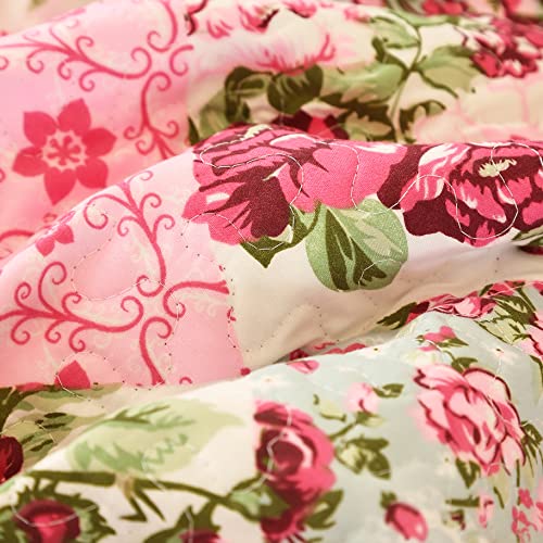 Cmfshape Summer Floral Queen Quilted Bedspread,Romantic Pink Quilt Set Bedding,Reversible Stitched Bedding Set All Season,Soft Lightweight Coverlet with Pillow Cases (Pink&Green, Queen90 x90) - Image 3