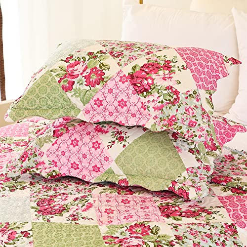 Cmfshape Summer Floral Queen Quilted Bedspread,Romantic Pink Quilt Set Bedding,Reversible Stitched Bedding Set All Season,Soft Lightweight Coverlet with Pillow Cases (Pink&Green, Queen90 x90) - Image 4