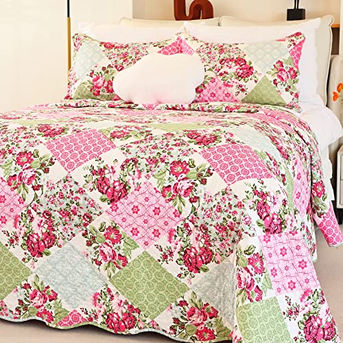 Cmfshape Summer Floral Queen Quilted Bedspread,Romantic Pink Quilt Set Bedding,Reversible Stitched Bedding Set All Season,Soft Lightweight Coverlet with Pillow Cases (Pink&Green, Queen90 x90) - Image 1