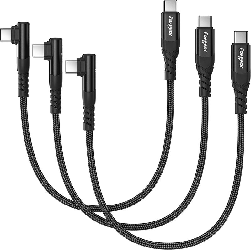فاسجير كابل من USB-C إلى USB-C، 3 قطع بطول 1 قدم بقوة 60 واط، نوع C إلى نوع C بزاوية قائمة 90 درجة، سريع الشحن بتقنية PD، متوافق مع Galaxy S22 وS21 وS20 وMac-Book وiPad Pro وiPad Air (أسود) - Image 1
