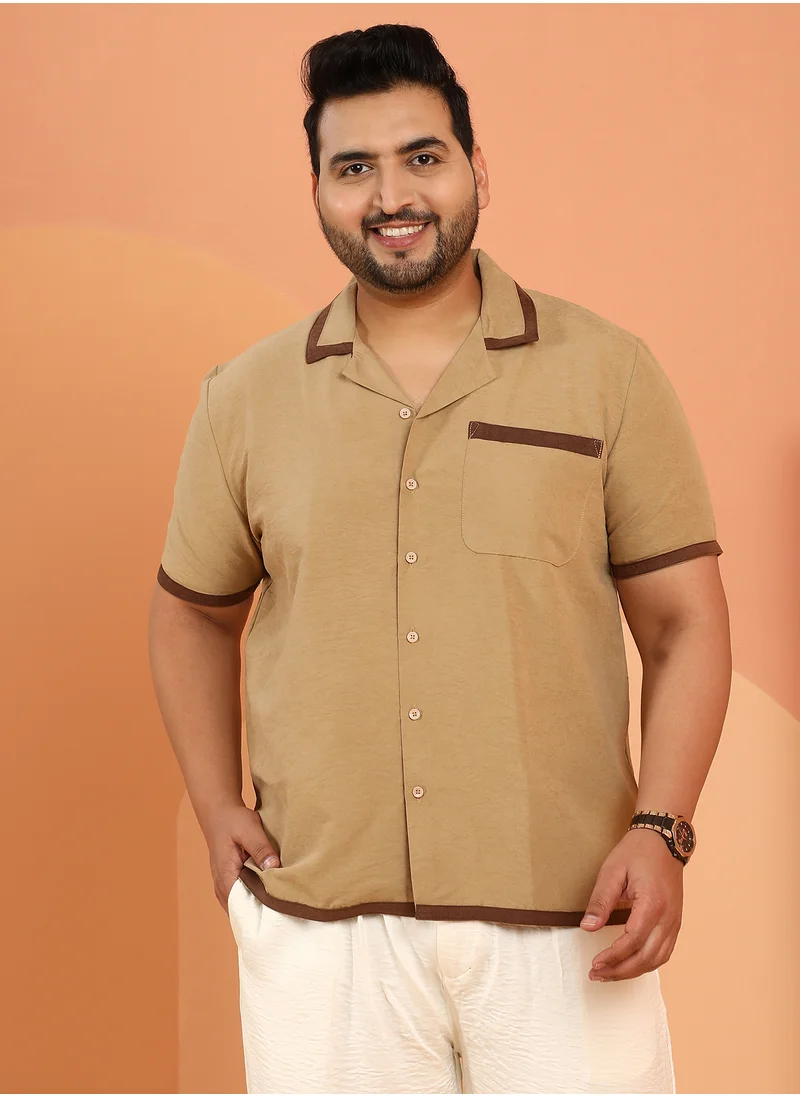 انستافاب بلس Instafab Plus Men's Khaki Beige Contrast-Cuban Shirt For Casual Wear | Cuban Collar | Short Regular Sleeves | Button Closure | Plus Size Shirt Crafted With Comfort Fit For Everyday Wear
