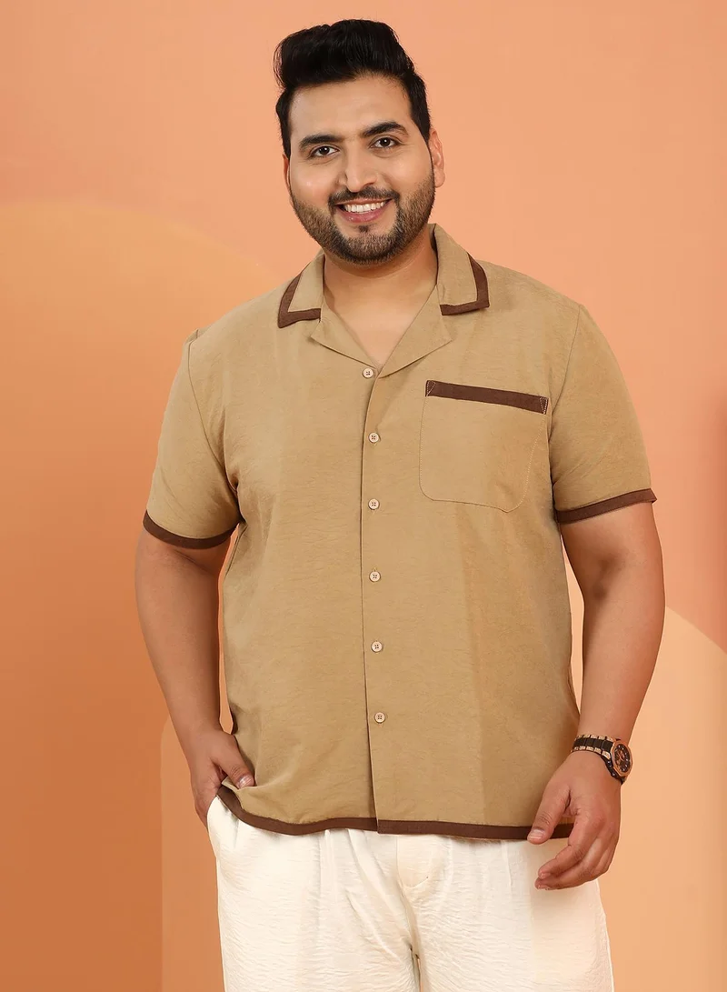 انستافاب بلس Instafab Plus Men's Khaki Beige Contrast-Cuban Shirt For Casual Wear | Cuban Collar | Short Regular Sleeves | Button Closure | Plus Size Shirt Crafted With Comfort Fit For Everyday Wear