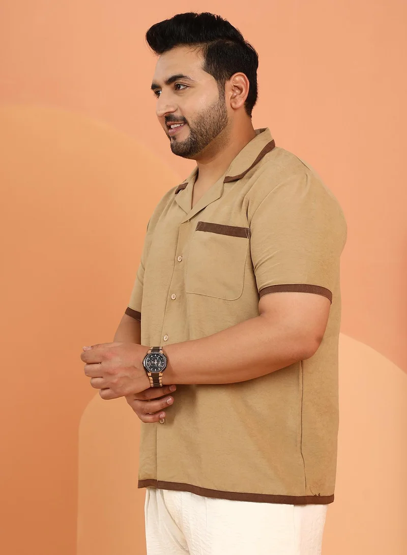 Instafab Plus Instafab Plus Men's Khaki Beige Contrast-Cuban Shirt For Casual Wear | Cuban Collar | Short Regular Sleeves | Button Closure | Plus Size Shirt Crafted With Comfort Fit For Everyday Wear