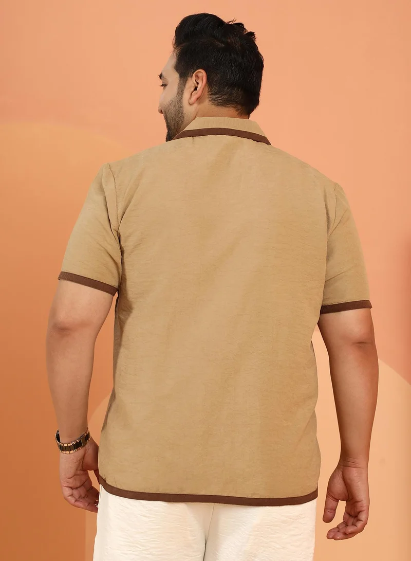 Instafab Plus Instafab Plus Men's Khaki Beige Contrast-Cuban Shirt For Casual Wear | Cuban Collar | Short Regular Sleeves | Button Closure | Plus Size Shirt Crafted With Comfort Fit For Everyday Wear