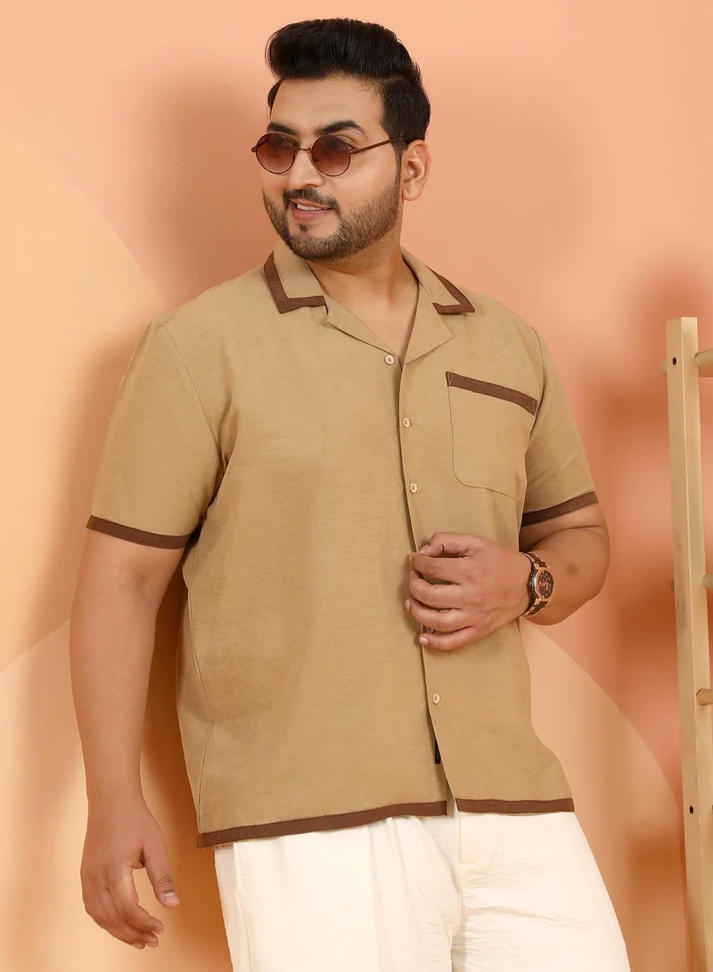 انستافاب بلس Instafab Plus Men's Khaki Beige Contrast-Cuban Shirt For Casual Wear | Cuban Collar | Short Regular Sleeves | Button Closure | Plus Size Shirt Crafted With Comfort Fit For Everyday Wear