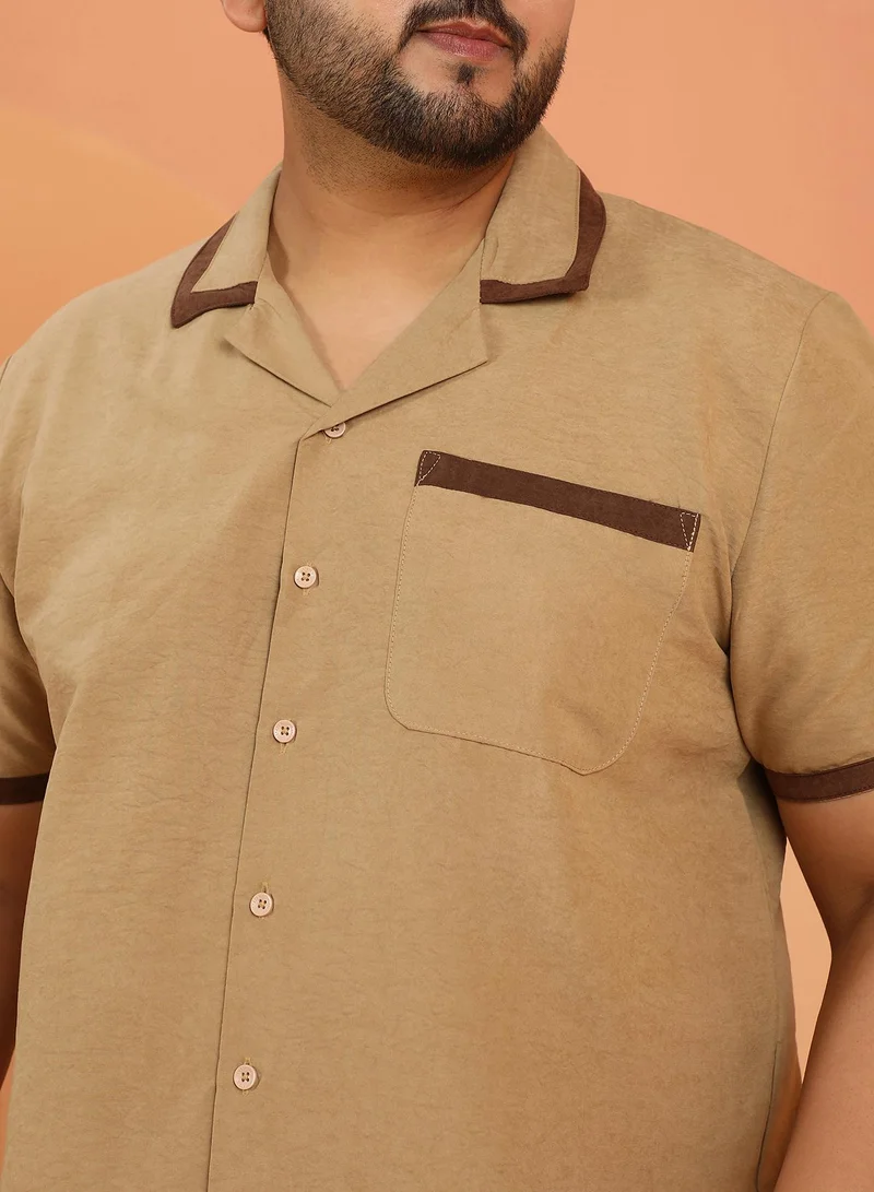 Instafab Plus Instafab Plus Men's Khaki Beige Contrast-Cuban Shirt For Casual Wear | Cuban Collar | Short Regular Sleeves | Button Closure | Plus Size Shirt Crafted With Comfort Fit For Everyday Wear