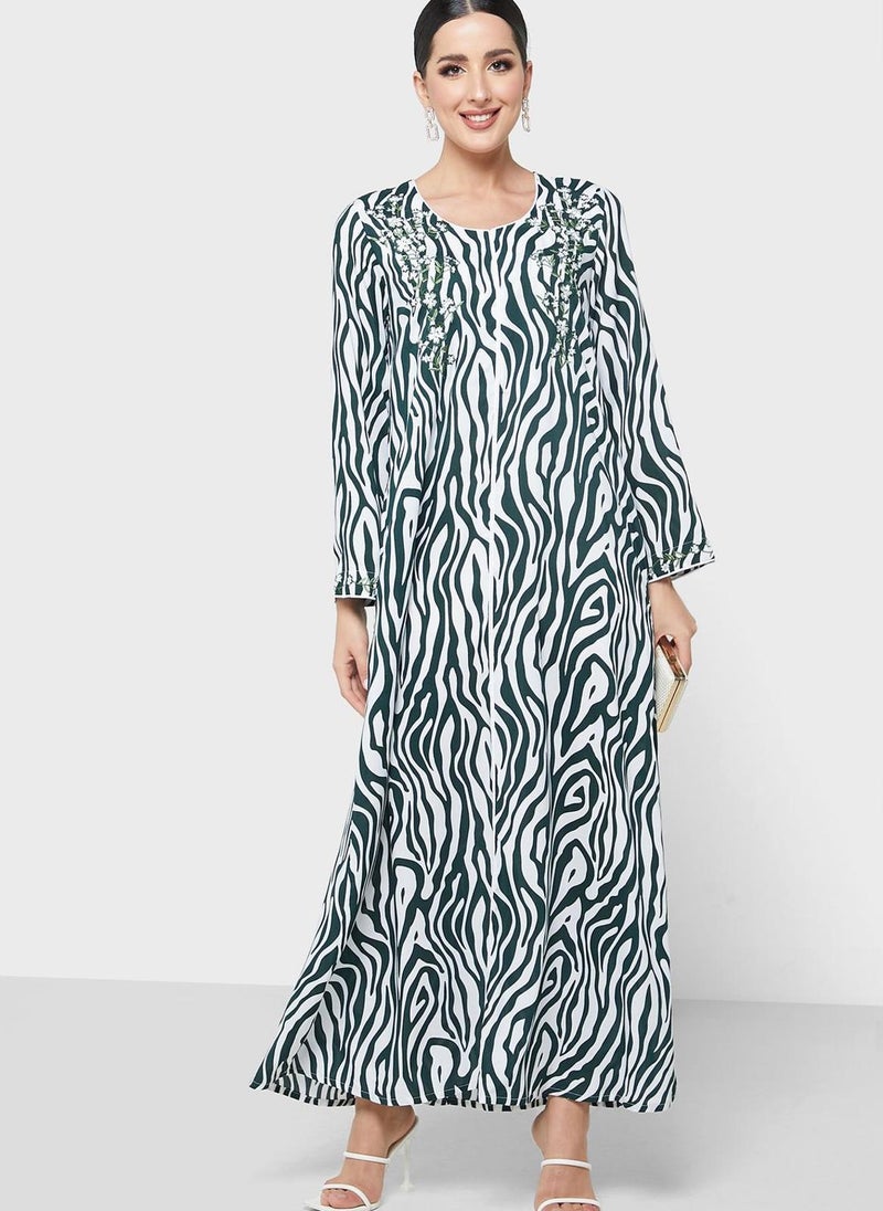 KASHKHA Jalabiya With Zebra Print And Floral Embroidery De - Image 4