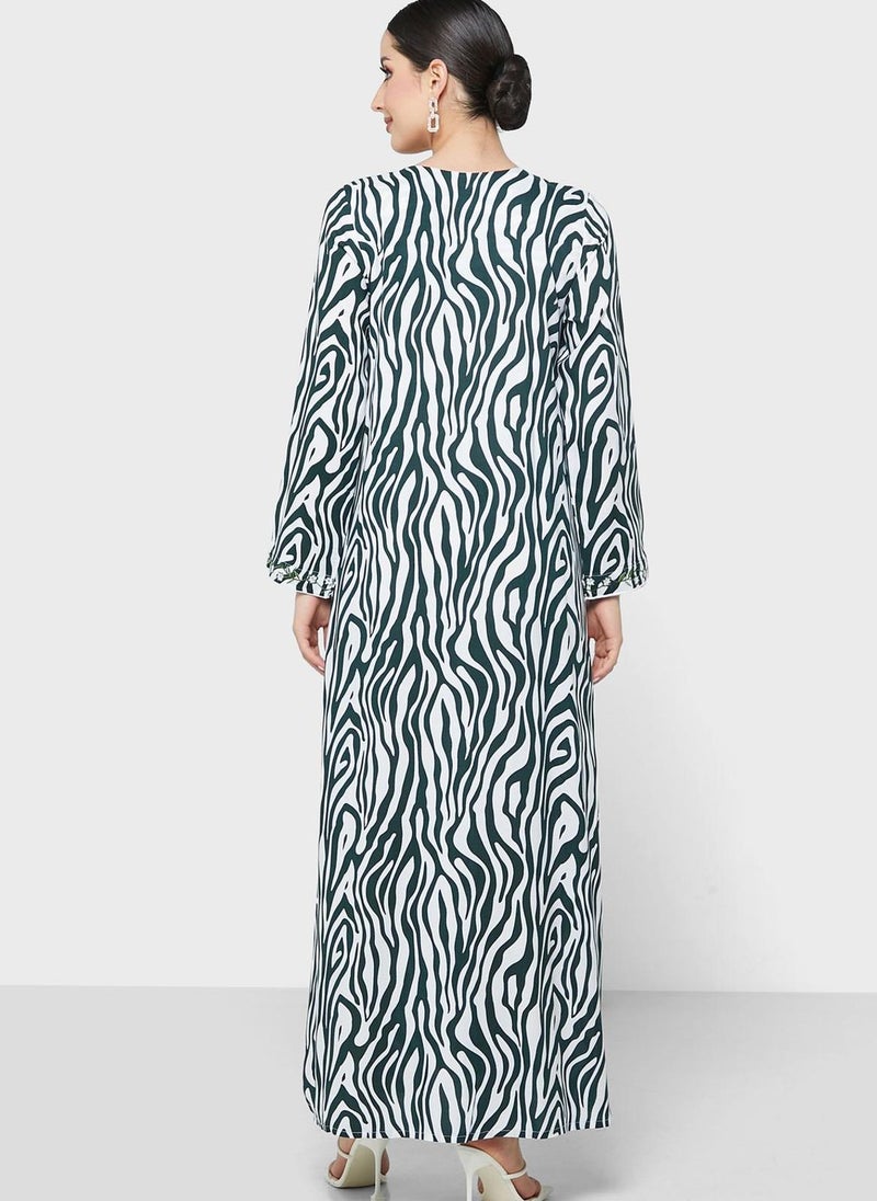 KASHKHA Jalabiya With Zebra Print And Floral Embroidery De - Image 2