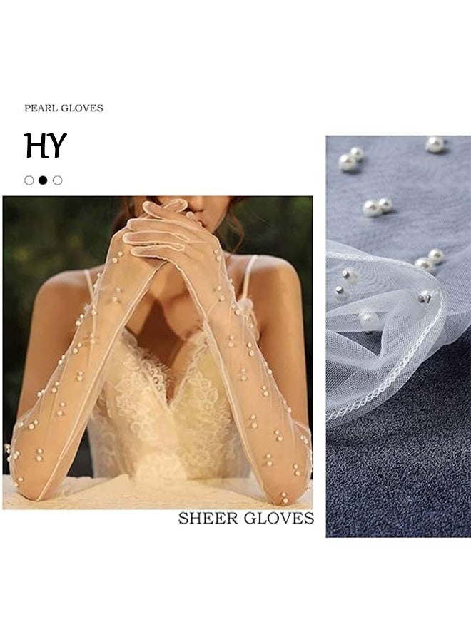 HY Women Sheer Long Gloves Pearl Mesh Tulle Sheer Gloves Wedding Bridal Gloves Dance Gloves Long Opera Party Gloves - Image 4