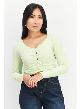 Women V Neck Long Sleeve Ribbed Crop Top, Green