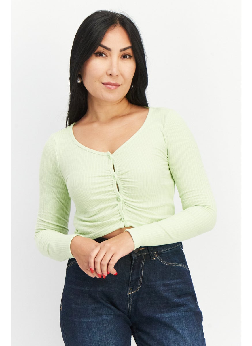 Don't Call Me Jennyfer - Women V Neck Long Sleeve Ribbed Crop Top, Green - Image 1