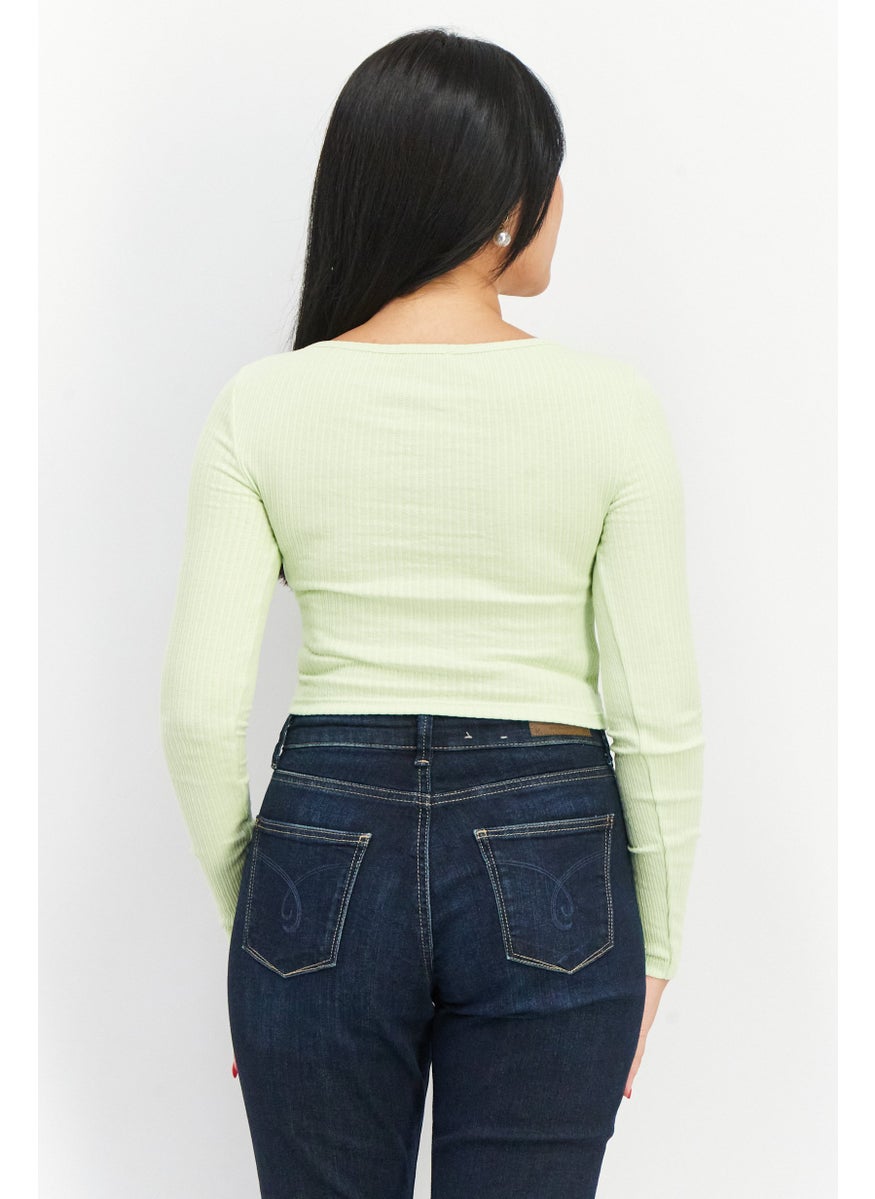 Don't Call Me Jennyfer - Women V Neck Long Sleeve Ribbed Crop Top, Green - Image 1