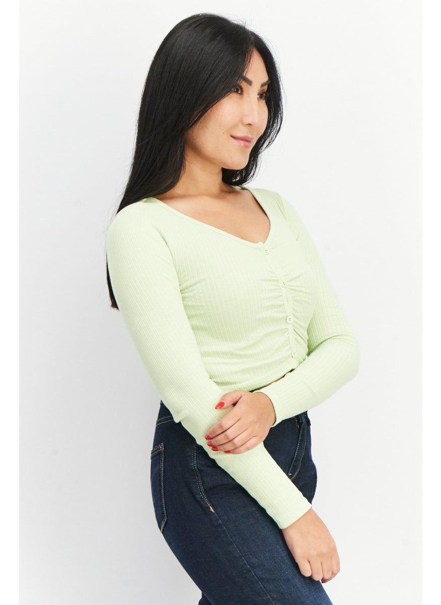 Don't Call Me Jennyfer - Women V Neck Long Sleeve Ribbed Crop Top, Green - Image 1