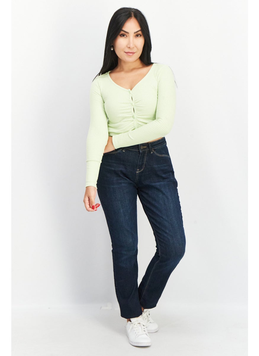Don't Call Me Jennyfer - Women V Neck Long Sleeve Ribbed Crop Top, Green - Image 1