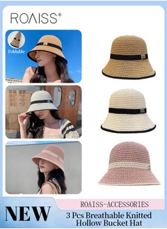 roaiss 3 Pcs Breathable Knitted Hollow Bucket Hat for Women, Foldable Sun Visor Hat With Letter Decoration, Summer Breathable Sunshade Hat for Outdoor Beach Garden Fishing Hiking  - Image 1