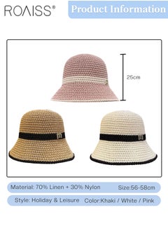 roaiss 3 Pcs Breathable Knitted Hollow Bucket Hat for Women, Foldable Sun Visor Hat With Letter Decoration, Summer Breathable Sunshade Hat for Outdoor Beach Garden Fishing Hiking  - Image 3