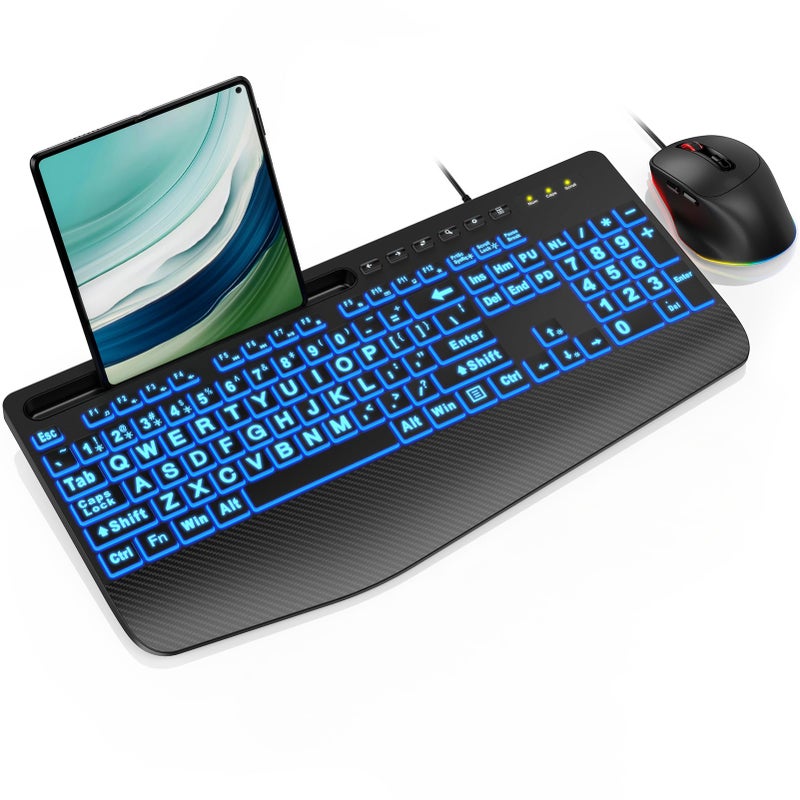 SABLUTE Wired Keyboard Mouse Combo - Large Print Backlit, Ergonomic Wrist Rest, 6 DPI RGB for PC/Windows - Ideal for Seniors, Students, Office and Home SABLUTE KM21Pro - Image 1