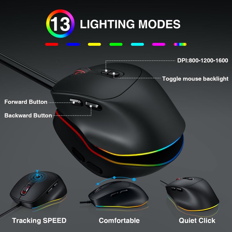 SABLUTE Wired Keyboard Mouse Combo - Large Print Backlit, Ergonomic Wrist Rest, 6 DPI RGB for PC/Windows - Ideal for Seniors, Students, Office and Home SABLUTE KM21Pro - Image 5