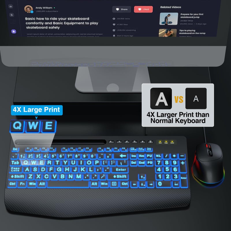 SABLUTE Wired Keyboard Mouse Combo - Large Print Backlit, Ergonomic Wrist Rest, 6 DPI RGB for PC/Windows - Ideal for Seniors, Students, Office and Home SABLUTE KM21Pro - Image 2