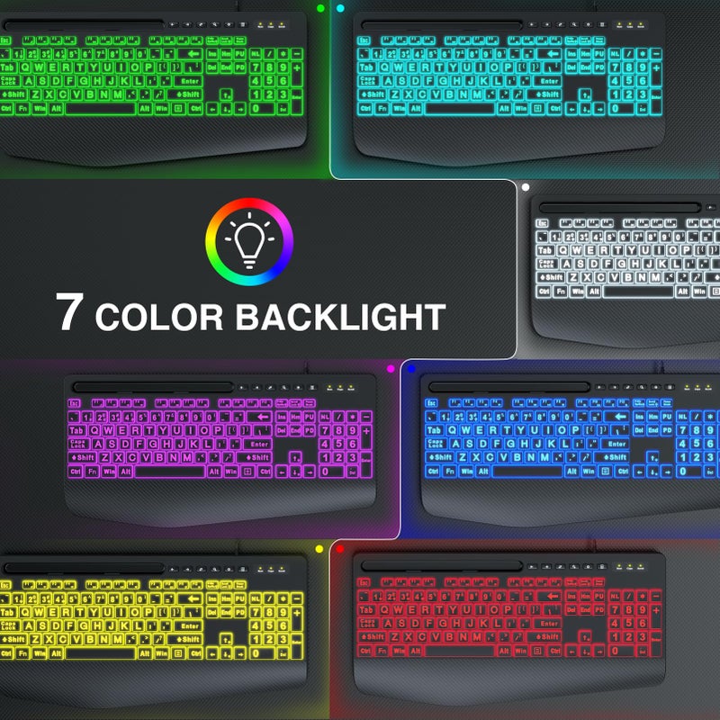 SABLUTE Wired Keyboard Mouse Combo - Large Print Backlit, Ergonomic Wrist Rest, 6 DPI RGB for PC/Windows - Ideal for Seniors, Students, Office and Home SABLUTE KM21Pro - Image 4