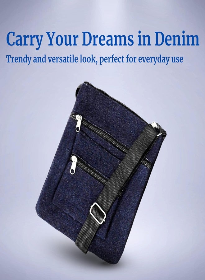 alemah Women's Multi-Pocket Cotton Denim Cross-body/Side Sling Bag with Adjustable Shoulder Strap. (Dark Blue) - Image 2
