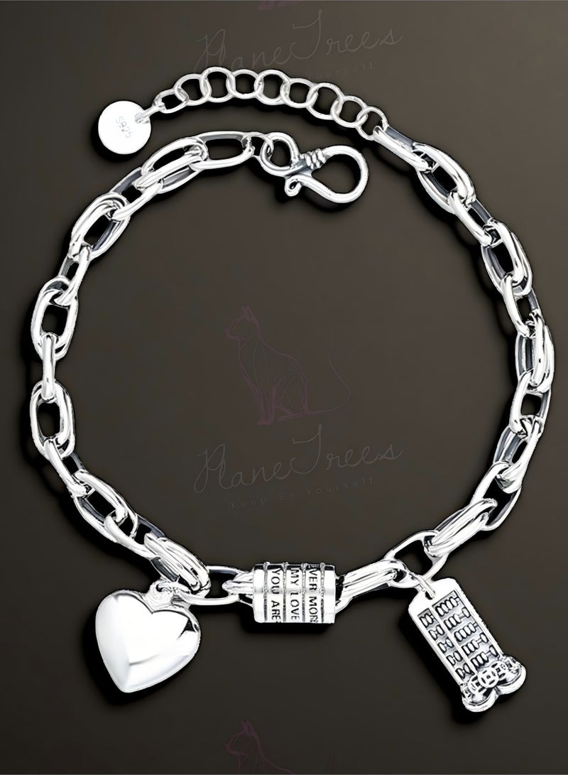 Plane Trees 925 Sterling Silver Retro Charm Bracelet with Heart & Message Pendants | PLANE TREES Women’s Chain Jewelry - Image 1