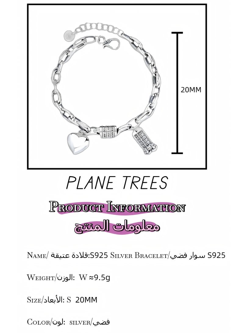 Plane Trees 925 Sterling Silver Retro Charm Bracelet with Heart & Message Pendants | PLANE TREES Women’s Chain Jewelry - Image 2