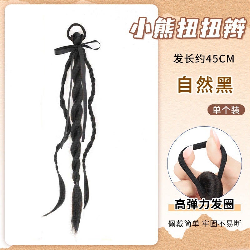 Generic Womens Natural Simulation Ballet Double Cable Knit Little Bear Silk Hair Tail Wig New Chinese Style False Hair Tail Wig Little bear twist braid [natural black] single 