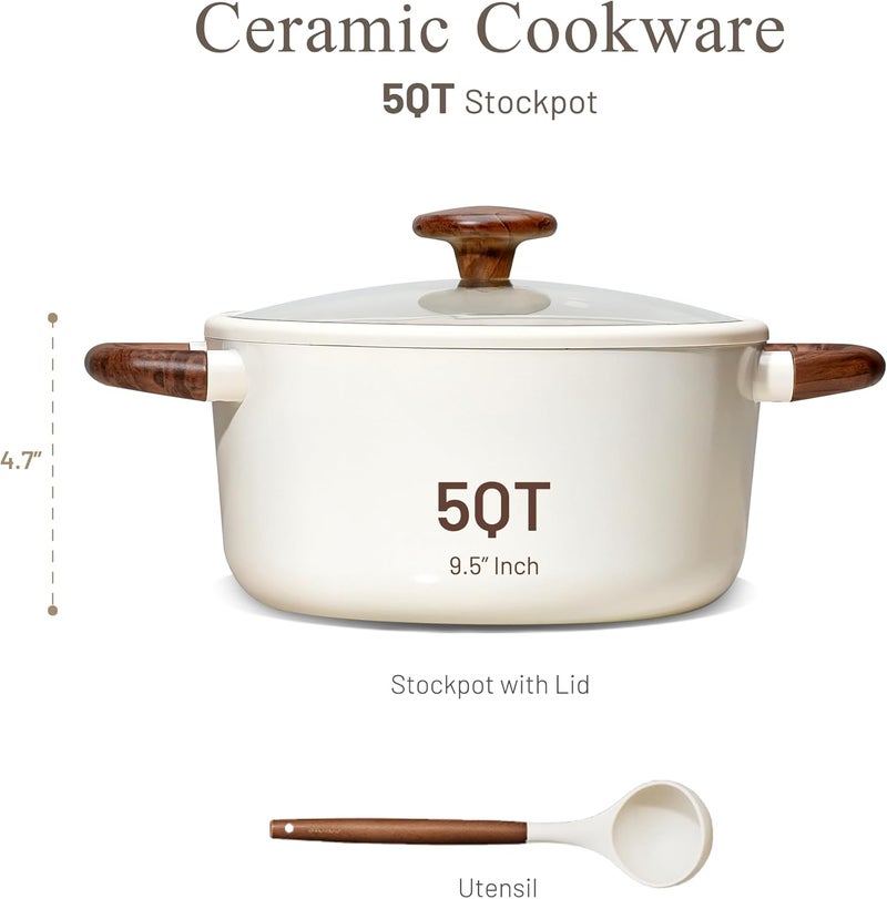 CAROTE 5QT Nonstick Stock Pot with Lid, 5 Quart Casserole with Ladle, Even Heating Stockpot, Fits All Stoves, Non Stick Big Cooking Pots PFOA Free, White - Image 2