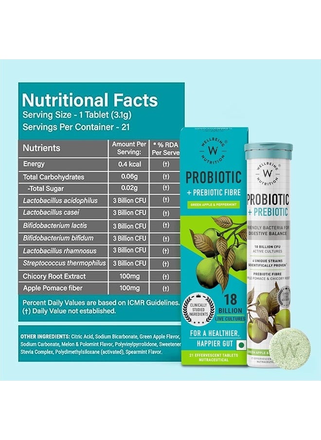 WELLBEING NUTRITION - Wellbeing Nutrition Daily Probiotics + Prebiotics | Improve Metabolism, Acidity Relief, Digestion & Gut Health | 18 Billion CFU Organic Probiotics Supplement for Men & Women (21 Effervescent Tabs) - Image 1