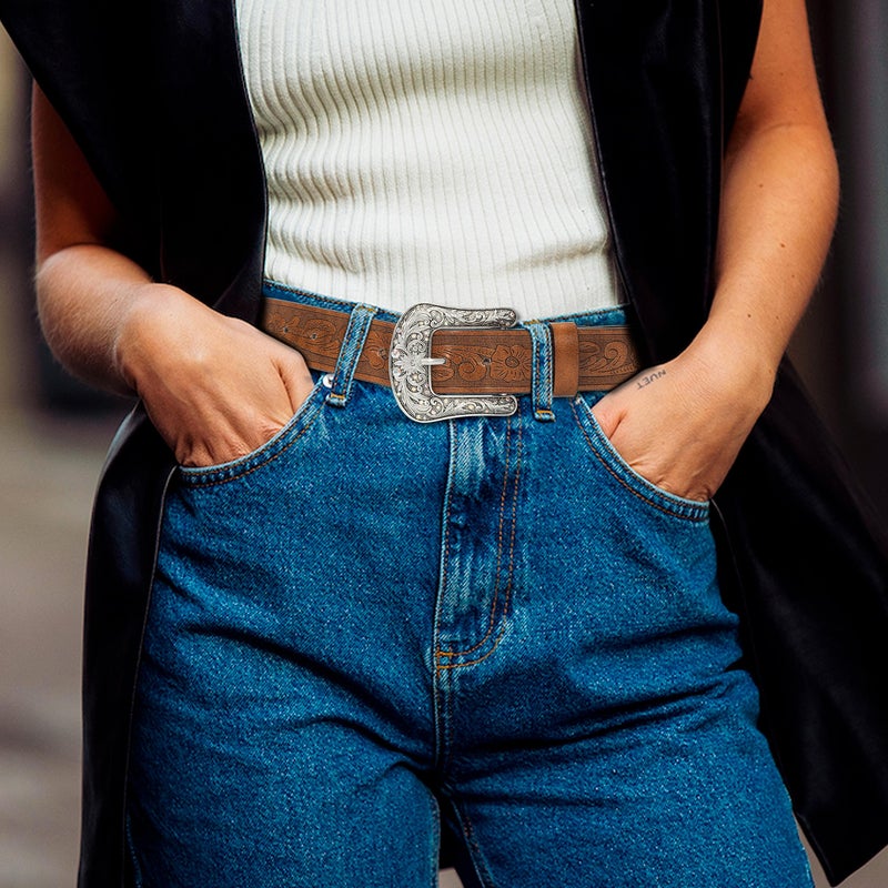 Eohak Western-Belt-for-Women-Cowgirl, PU-Leather-Waist-Belts with Vintage-Carved-Buckle and Tips-Ends for Jean Dress - Image 2