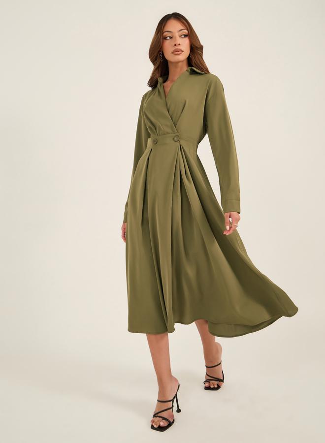 Styli Solid Pleated Wrap Shirt Midi Dress with Buttons Detail  - Image 1