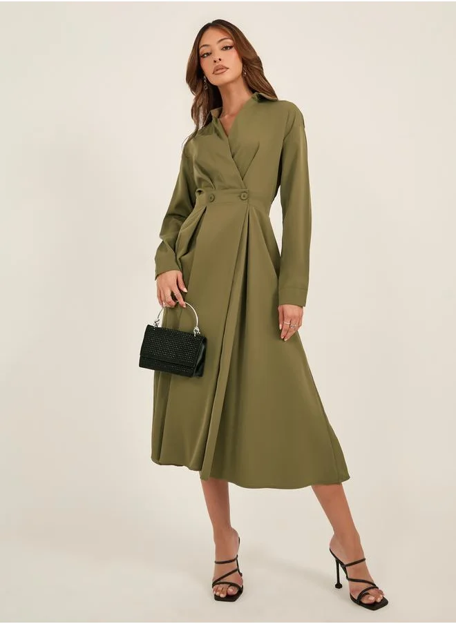 Styli Solid Pleated Wrap Shirt Midi Dress with Buttons Detail