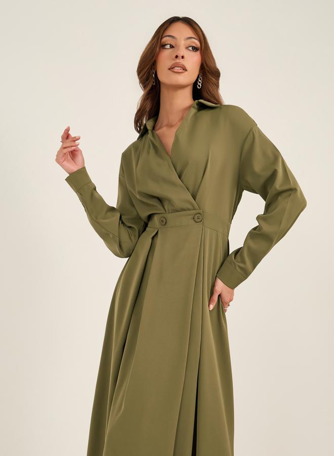 Styli Solid Pleated Wrap Shirt Midi Dress with Buttons Detail  - Image 3