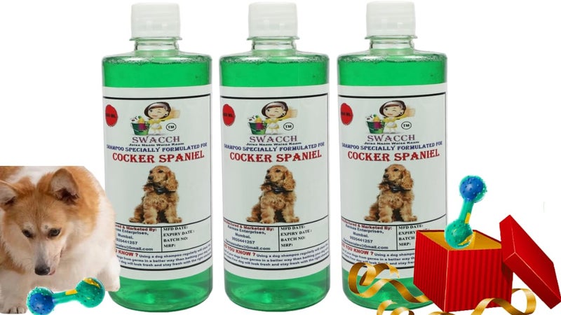 swacch Cocker Spaniel Dog Shampoo + Dumbbell Toy I Durable Rubber Dog Toy for Chewing I Playing,Teeth Cleaning & Training Toy I Combo Pack I 500ml Pack of 3 Neem Alovera - Image 1