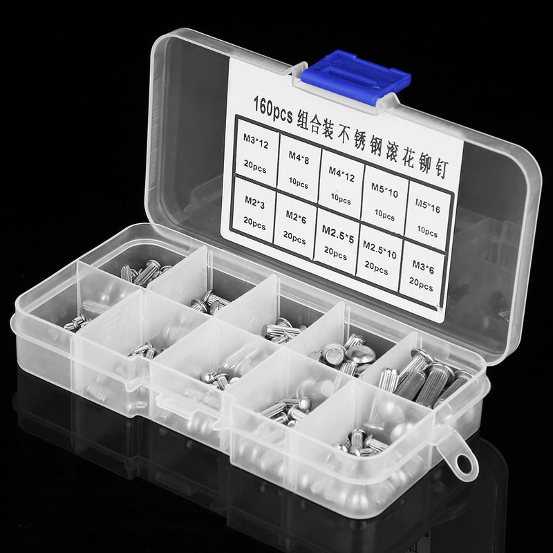 160pcs M2-M5 Stainless Steel Round Head Knurled Shank Solid Rivets Assortment Set - Image 3