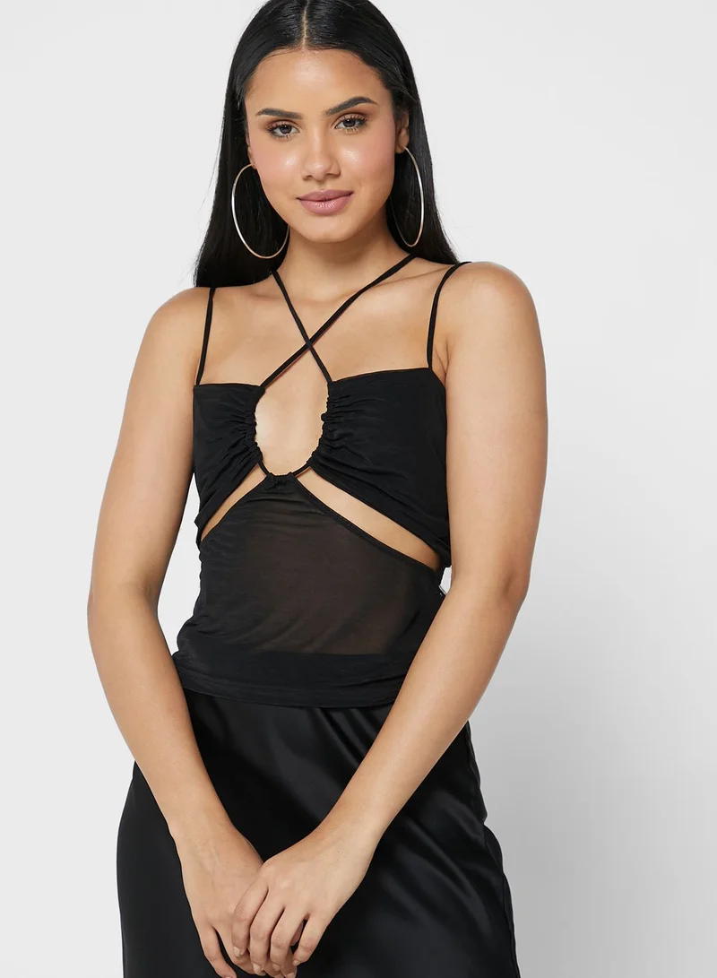 TOPSHOP Halter Neck Cut Out Detail Mesh Top