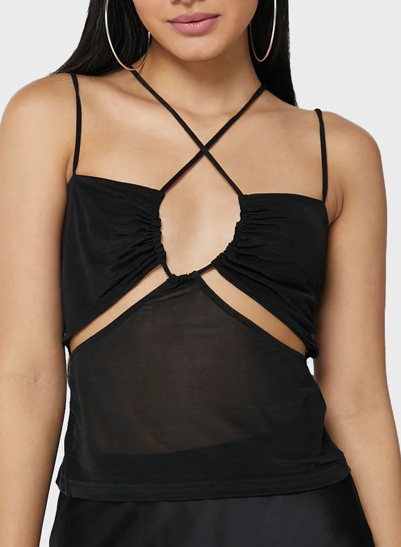 TOPSHOP Halter Neck Cut Out Detail Mesh Top