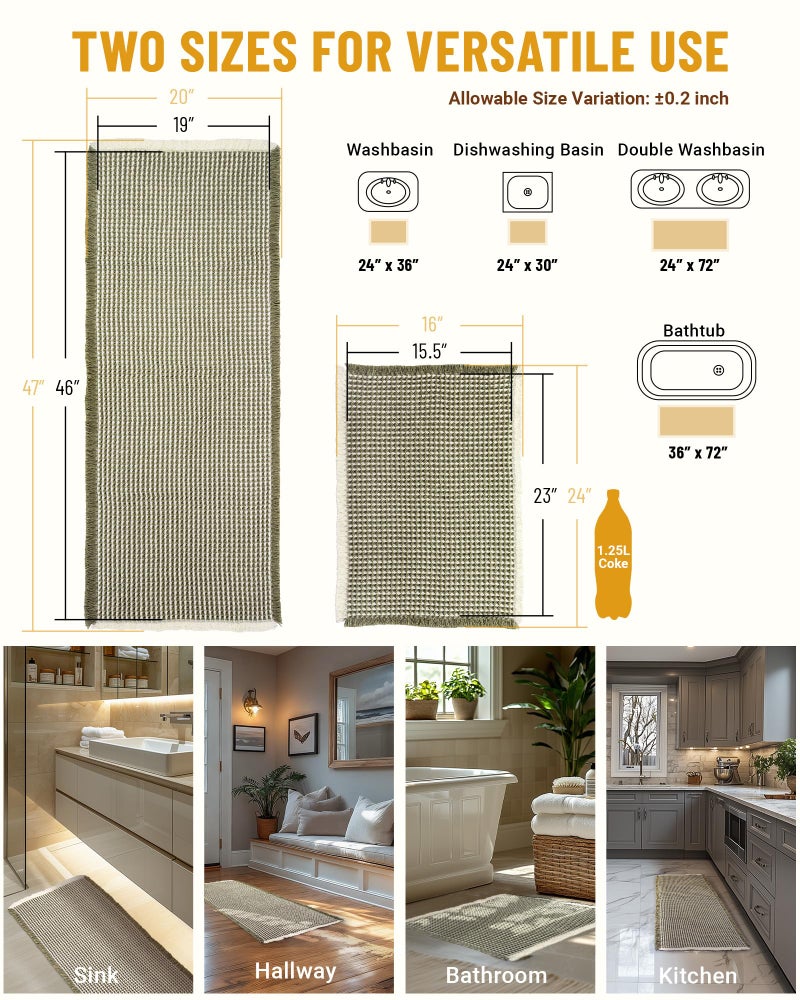 Furicher Large Waffle Bath Mat Set Non Slip, Ultra Absorbent Bath Mats for Christmas Bathroom Decor, Extra Soft Floor Bathroom Rugs Sets 2 Piece, Washable Bath Rugs Set, Green & White, 20"Ã—47" and 16"Ã—24" - Image 5