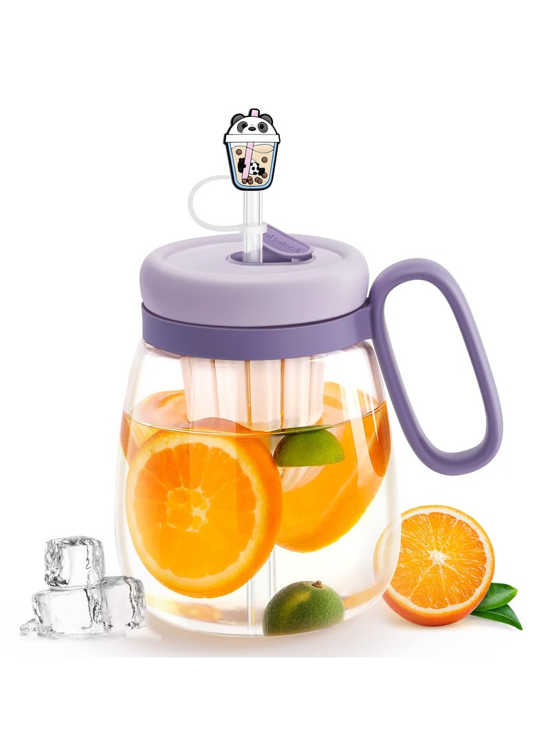كاست ويف Tumbler with Lid and Straw, 29oz Lced Coffee Cup Reusable, Wide Mouth Smoothie Cup, Glass Water Bottles with Handle, Tea Infuser and Cartoon Straw Cover (Purple) - Image 1