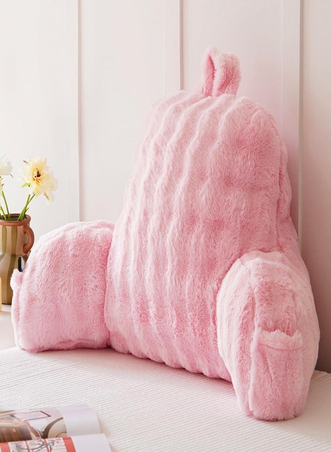 Yaoshuho Faux Fur Reading Pillow for Sitting in Bed, Large Backrest Bed Pillow with Arms, Back Support Pillow for Lounging Bedrest, Pink - Image 4