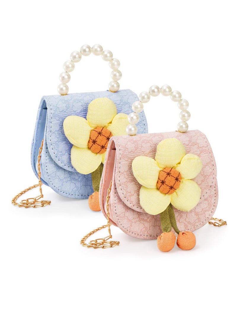 Captaintech 2 Pcs Kids Purse Set for Little Girls - PU Leather Mini Shoulder Handbags with Pearl Handle and Flower - Small Wallet Purses for Girls, Kids, and Toddlers' Dress-Up - Image 1
