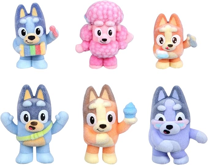 BLUEY Fuzzies Deluxe Figure Pack – 6 Specially Flocked Collectible Mini-Figures, Includes 2 Surprise Blind Pack Figures, Trading Card & Collector’s Guide, 80 to Collect in Series 1, Interactive Kids Toy - Image 4