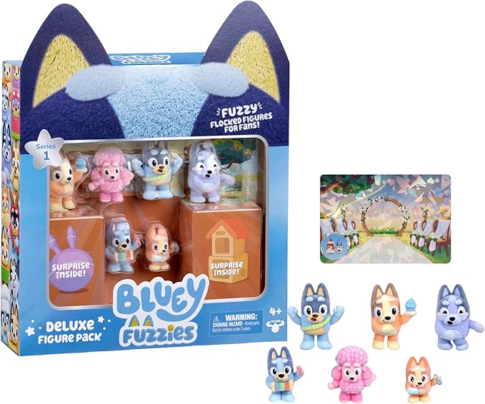 BLUEY Fuzzies Deluxe Figure Pack – 6 Specially Flocked Collectible Mini-Figures, Includes 2 Surprise Blind Pack Figures, Trading Card & Collector’s Guide, 80 to Collect in Series 1, Interactive Kids Toy - Image 3