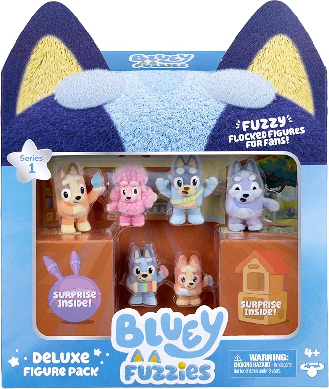 BLUEY Fuzzies Deluxe Figure Pack – 6 Specially Flocked Collectible Mini-Figures, Includes 2 Surprise Blind Pack Figures, Trading Card & Collector’s Guide, 80 to Collect in Series 1, Interactive Kids Toy - Image 1