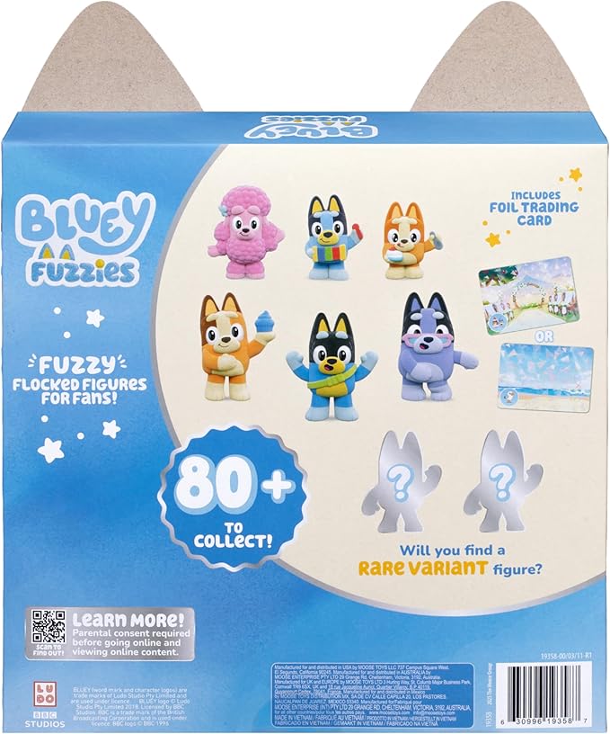 BLUEY Fuzzies Deluxe Figure Pack – 6 Specially Flocked Collectible Mini-Figures, Includes 2 Surprise Blind Pack Figures, Trading Card & Collector’s Guide, 80 to Collect in Series 1, Interactive Kids Toy - Image 2