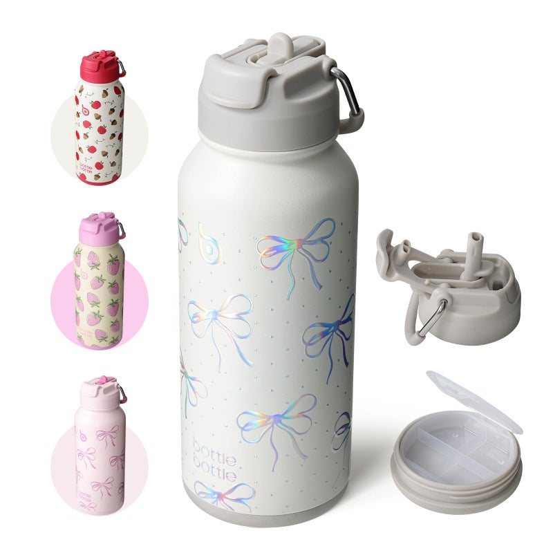 BOTTLE BOTTLE 32oz Insulated Water Bottle Stainless Steel Sport Water Bottle with Straw Dual-use Lid Women Gift Design for Gym with Pill Box (Bling Bow) - Image 1