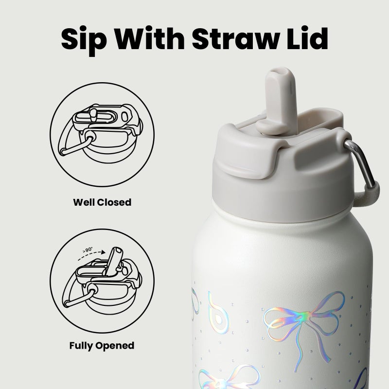 BOTTLE BOTTLE 32oz Insulated Water Bottle Stainless Steel Sport Water Bottle with Straw Dual-use Lid Women Gift Design for Gym with Pill Box (Bling Bow) - Image 2