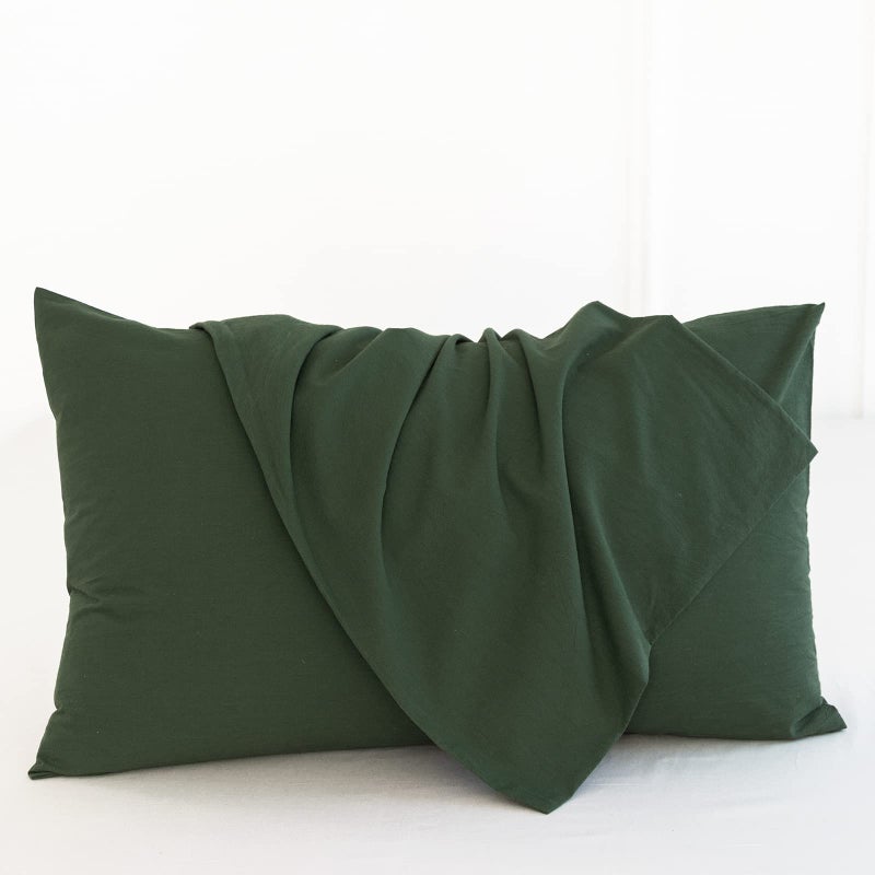 MooMee Bedding Pillowcases Pack of 2 100% Washed Cotton Linen Like Textured Breathable Durable Soft Comfy (Forest Green  Standard) - Image 2